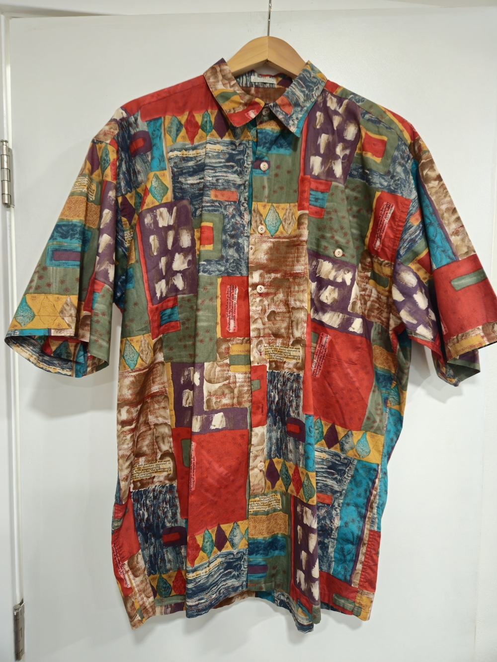 Vintage Burma Bibas Multicolor Patchwork Short-Sleeve Button-Down Shirt